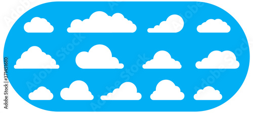 Set white icon Cloud on blue baclground. vector elements clouds flat style illustration. Collection of different forms of clouds.
