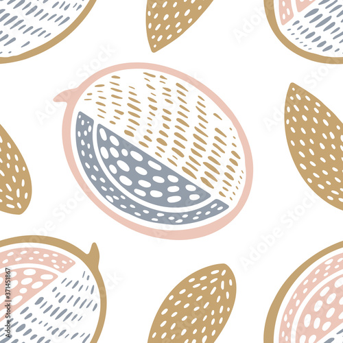 Seamless color stamp pattern with fruits almonds and mango, melon on white background. Great for fabric, textile, wrapping paper.