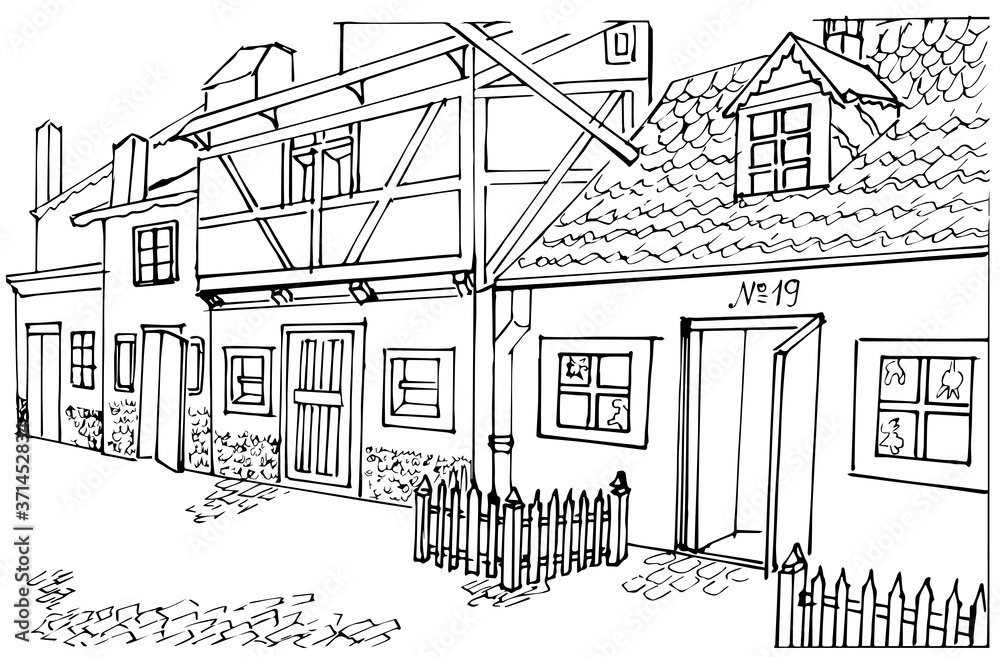 Old European houses. Cozy medieval street. Vector linear drawing. Hand-drawn. Coloring page for children and adults.
