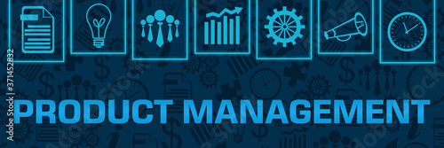 Product Management Blue Neon Business Symbols On Top Horizontal 