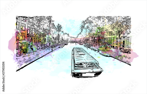 Building view with landmark of Amsterdam is the Netherlands’ capital, known for its artistic heritage. Watercolor splash with hand drawn sketch illustration in vector.
