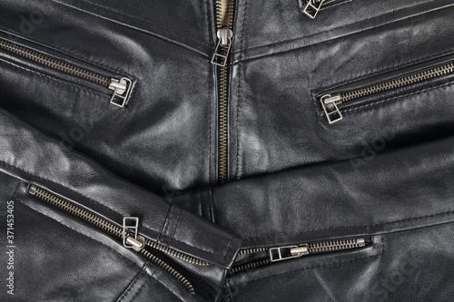 Detail of classic old black leather jacket 