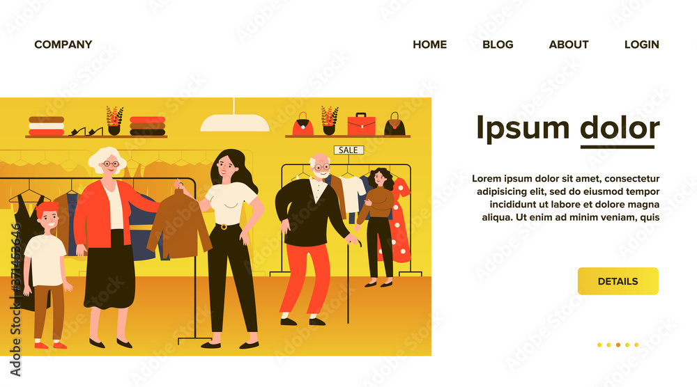 Senior people choosing clothes in fashion store. Old couple, customer, shop assistant flat vector illustration. Clothing, shopping, sale concept for banner, website design or landing web page