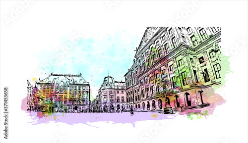 Building view with landmark of Amsterdam is the Netherlands’ capital, known for its artistic heritage. Watercolor splash with hand drawn sketch illustration in vector.