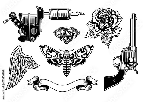 Retro black tattoo line art set. Vintage gun, rose, revolver, ribbon, diamond clipart isolated on white background vector illustration collection. Tattoo studio and design elements concept