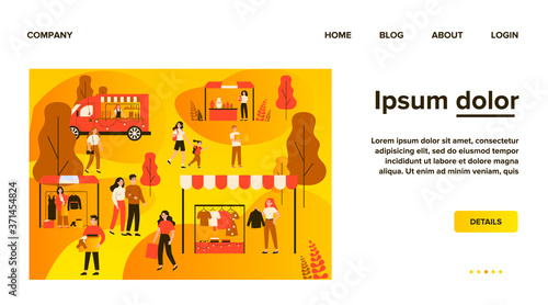 People walking in park during garage sale flat vector illustration. Cartoon man and woman and street season flea market. Community and summer fair concept