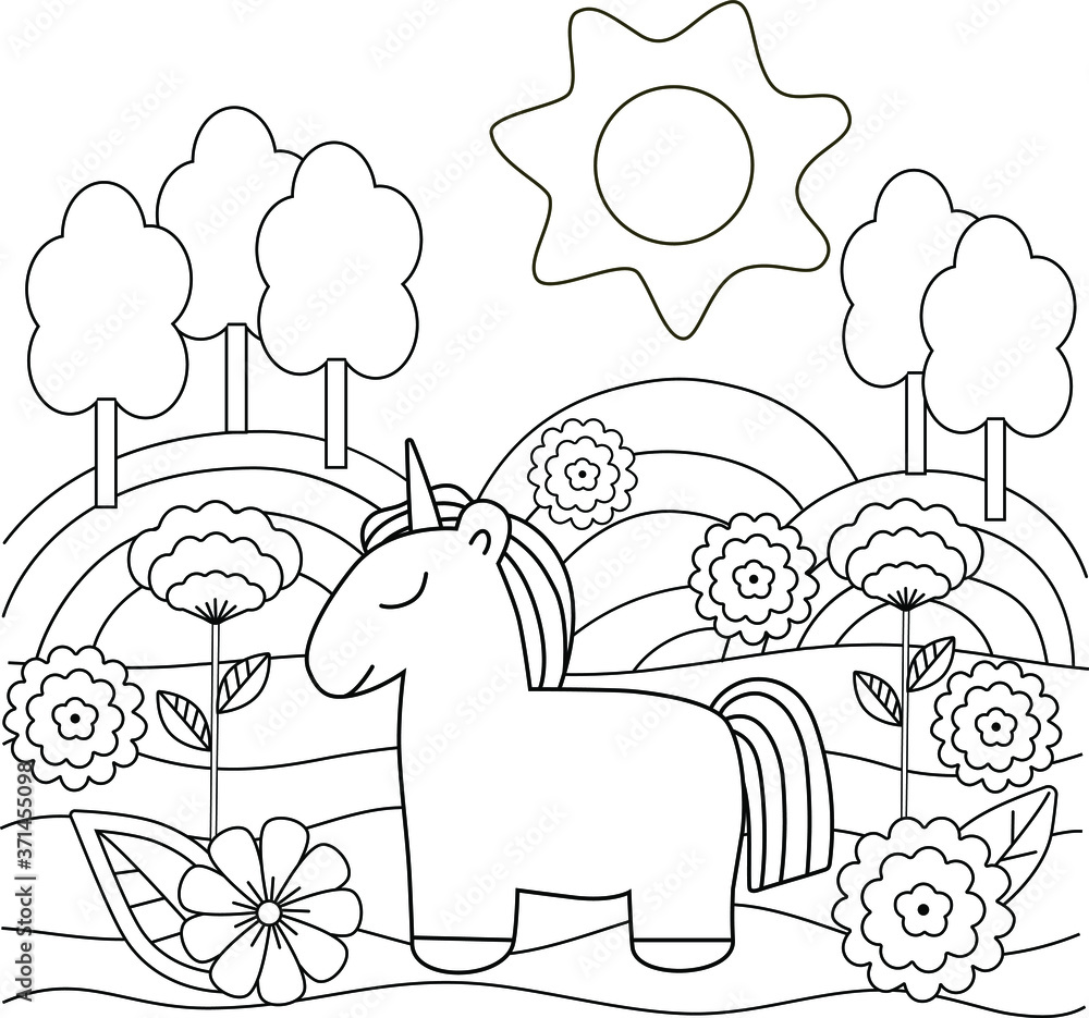 Cute simple kids coloring book with unicorn, nature and flowers ...