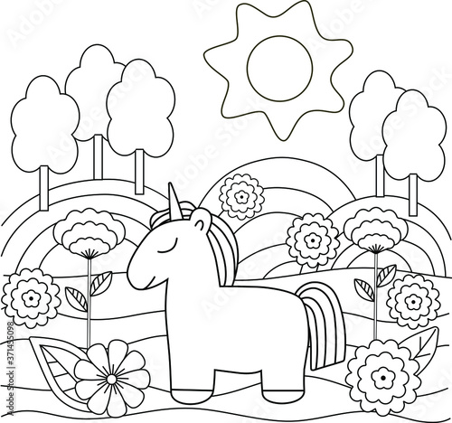 Cute simple kids coloring book with unicorn, nature and flowers. Outline on a white background, vector illustration.