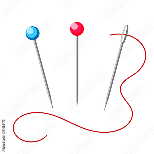 Pins and needle with red thread for hand sewing with white background flat vector.