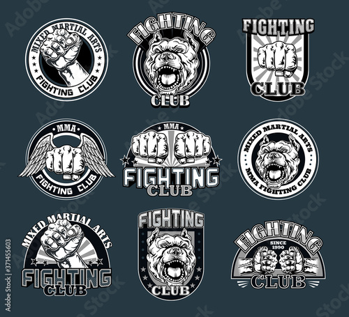 Fight club with fist flat labels set. Boxing and fighting club logo with angry dog or muscular arm isolated vector illustration collection. Kickboxing, sport, martial arts and design elements concept