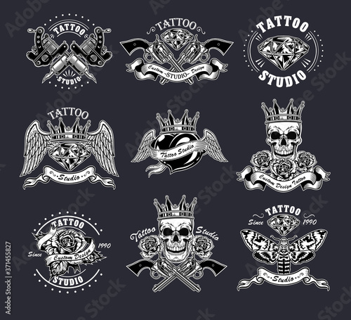 Vintage tattoo studio black and white emblems set. Retro logos with cross guns, skulls in crown, skeleton, rose isolated vector illustration collection. Tattoo studio and design elements concept