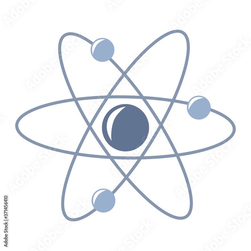 Vector flat colorful illustration, blue cartoon atom, physics concept, isolated on white background