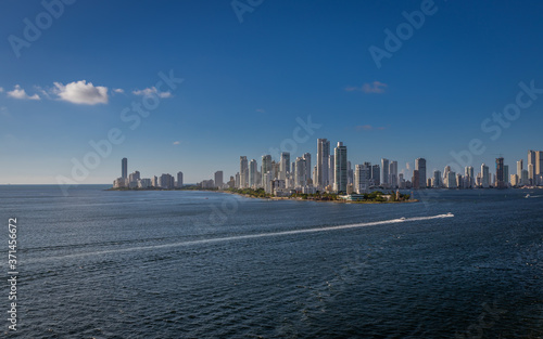 Pano view of the city of  Cartagena de las Indias  in Colombia  taken from a ship while arriving at the city.