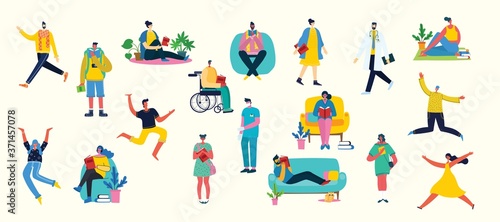 Vector illustration background in flat design of group people doing different activity