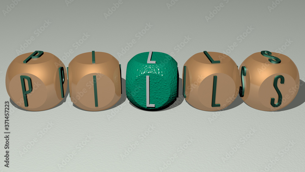 pills text by cubic dice letters - 3D illustration for background and medicine pills text by cubic dice letters - 3D illustration for background and medicine