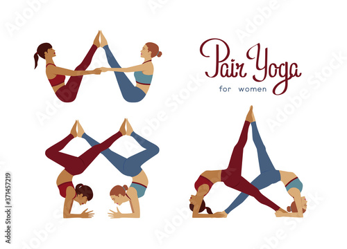 Two women do pair yoga at home. Different positions. Vector hand drawn cartoon illustration with lettering. 