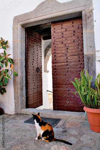 Detail from the female Monastery Of Zoodochos Pighi in the town of Hora, Patmos island, Greece, August 16 2006. photo