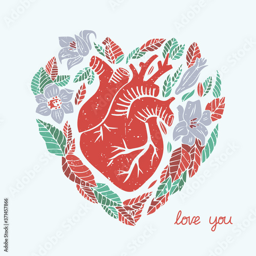Love you. Hand-drawn illustration featuring anatomical heart and flowers.