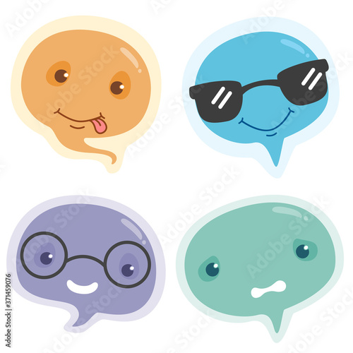 Cute emoji characters speech bubbles.Vector illustration of cute speech bubble character emoticons.