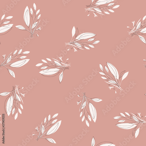 Botanical illustration in hand drawn style on pink, coral background. Seamless pattern of red