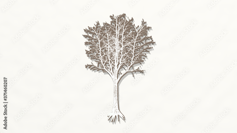 Fototapeta premium TREE WITH BRANCHES AND ROOTS on the wall. 3D illustration of metallic sculpture over a white background with mild texture for christmas and beautiful