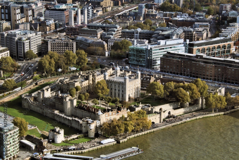 An aerial view of London showing the tower of London