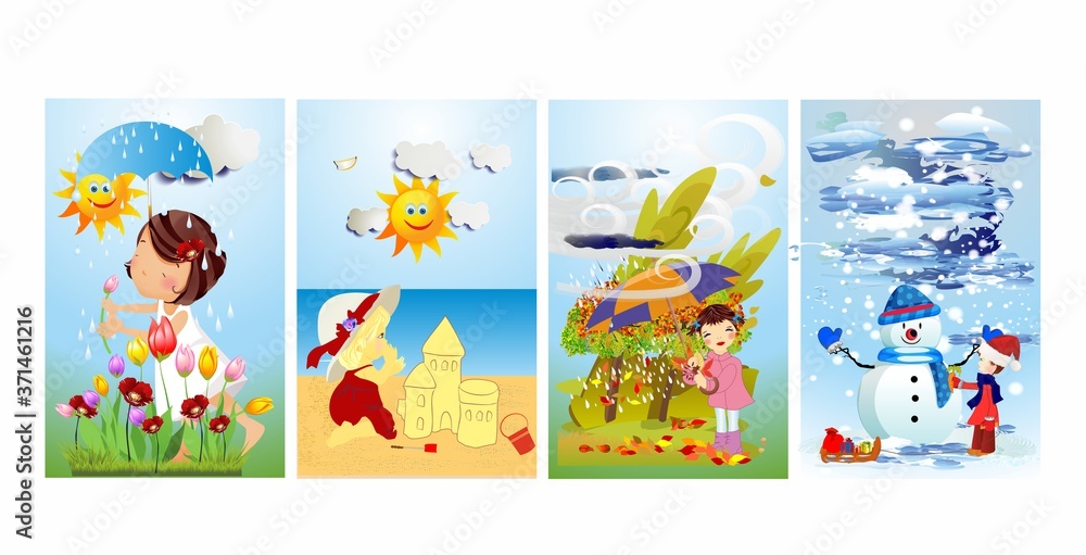 Fototapeta premium colorful composition showing children and changes in the natural environment in during the year