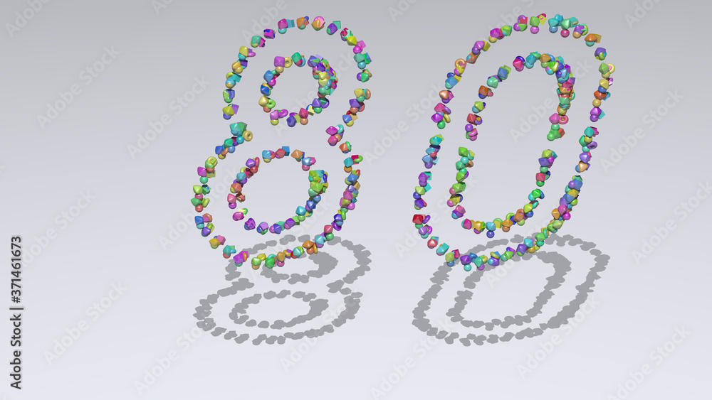 Fototapeta premium Colorful 3D writting of £ text with small objects over a white background and matching shadow