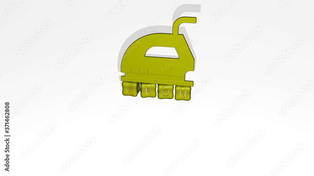 Obraz premium IRON 3D icon object on text of cubic letters - 3D illustration for background and metal