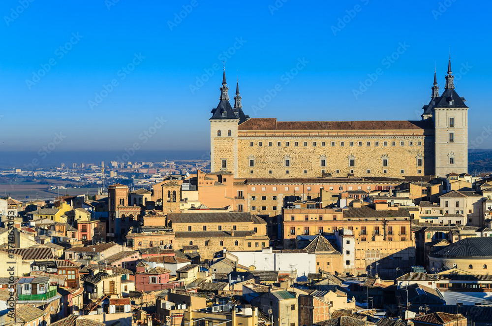 Panoramic view of Toledo and Alcazar of Toledo (Alcázar de Toledo). Imposing 16th century edifice & former fortified royal palace, now housing a military museum. Toledo,Spain