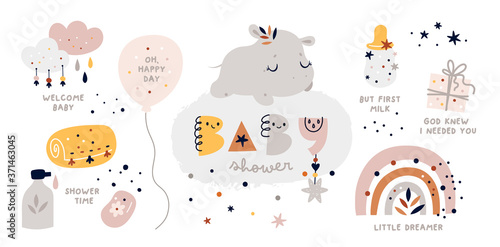 Baby shower collection with vector cartoon doodle elements for the design: baby animal, hippopotamus, rainbow, gift, balloon, clouds, baby bottle. Little hippo sleep on the cloud.  