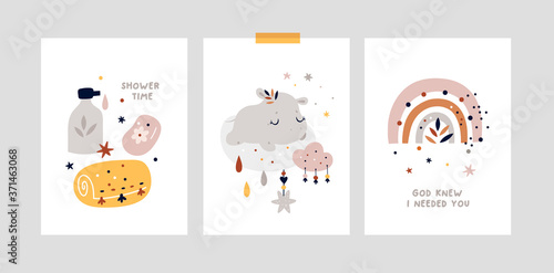 Milestone cards set for newborn. Baby shower cards collection. Nursery print or poster with little hippo, things for baby and rainbow. Ideal for kids room decoration, clothing, prints, anniversary