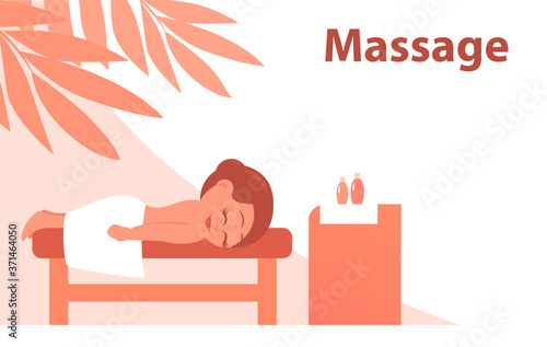 Woman on a massage procedure in a beauty salon. Banner with place for text. Vector cartoon illustration.