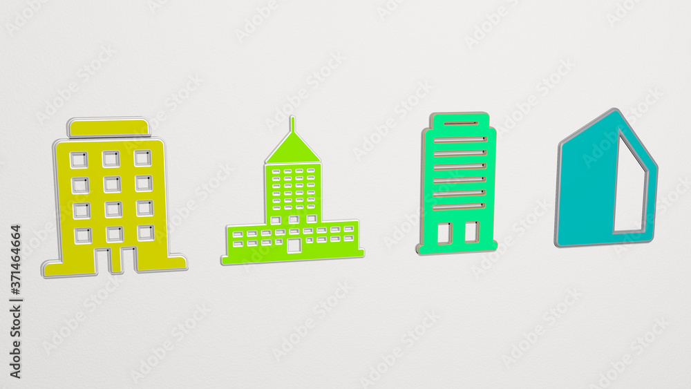 big building 4 icons set - 3D illustration