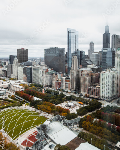 Fall Colors of the Trees in Millennium Park and Historic Architecture of Downtown Chicago City