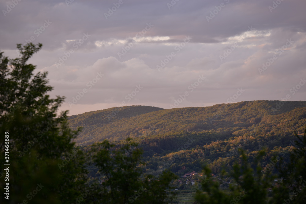 spring landscape with forest near the lake at sunset. cultivated fields