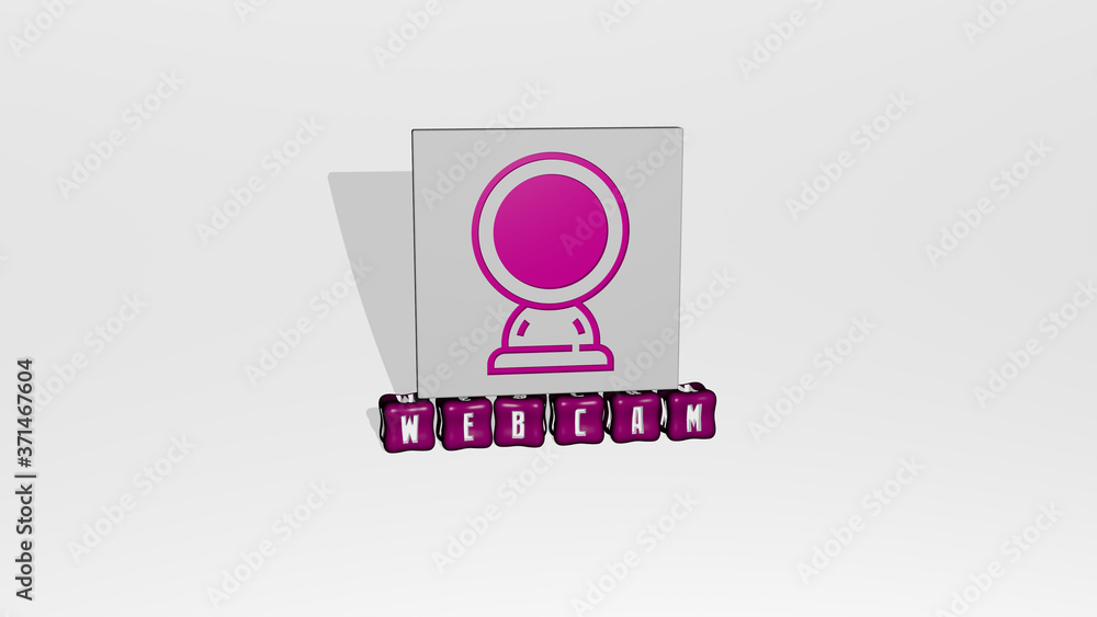 3D representation of WEBCAM with icon on the wall and text arranged by metallic cubic letters on a mirror floor for concept meaning and slideshow presentation for camera and illustration 3D representation of WEBCAM with icon on the wall and text arranged by metallic cubic letters on a mirror floor for concept meaning and slideshow presentation for camera and illustration