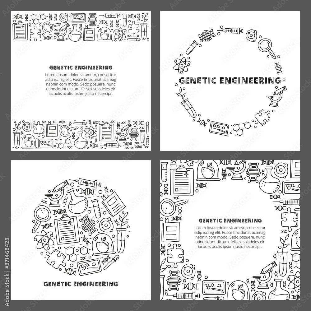 Set of cards with lettering and doodle outline genetic engineering icons including dna, microscope, syringe, blank clipboard, molecule, puzzle, book, tablet isolated on white background. Set of cards with lettering and doodle outline genetic engineering icons including dna, microscope, syringe, blank clipboard, molecule, puzzle, book, tablet isolated on white background.