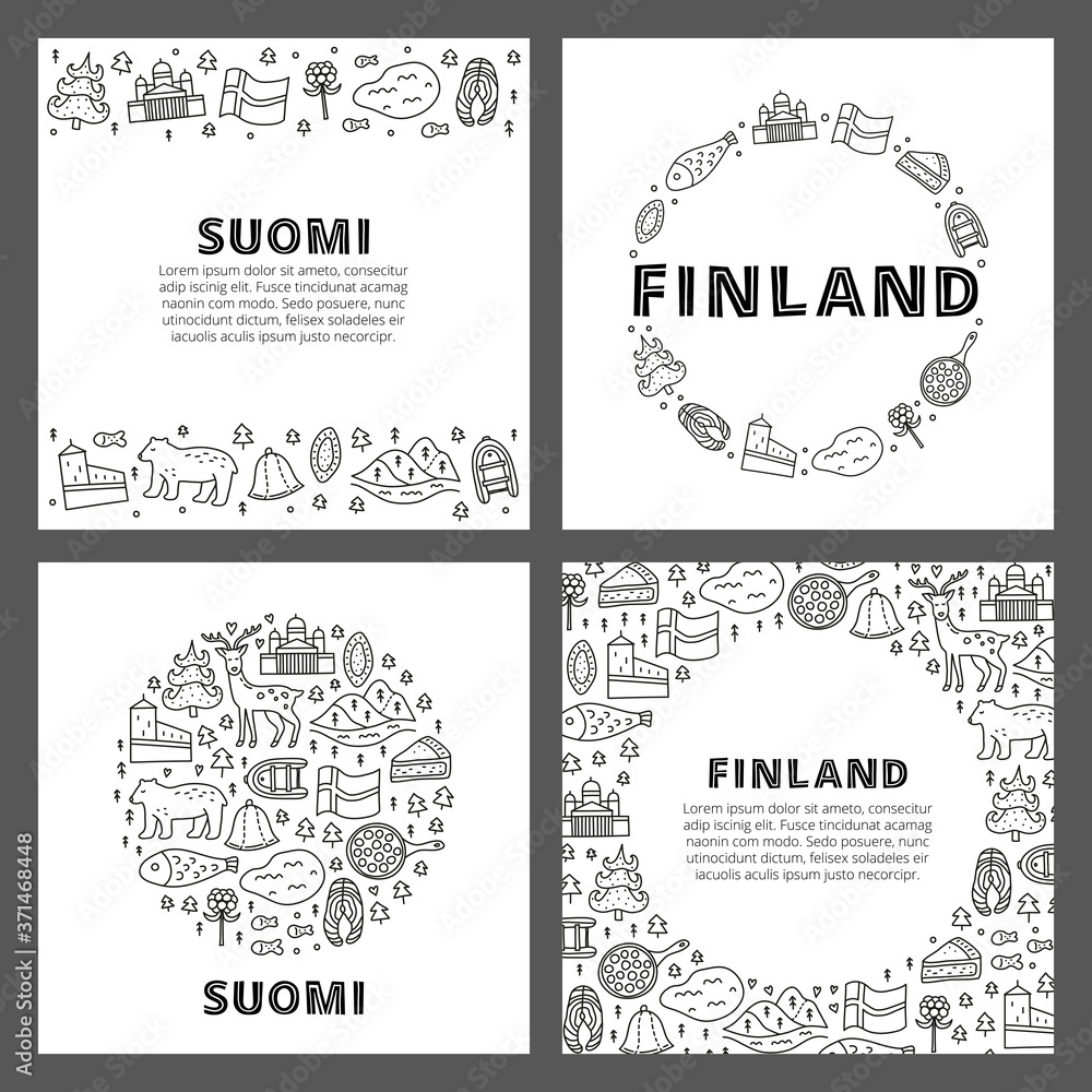 Set of cards with lettering and doodle outline finland icons including Helsinki Cathedral, deer, lake, cloudberry, Olaf's castle, pastry, meatballs, fish, bear, flag, etc isolated on white background. Set of cards with lettering and doodle outline finland icons including Helsinki Cathedral, deer, lake, cloudberry, Olaf's castle, pastry, meatballs, fish, bear, flag, etc isolated on white background.