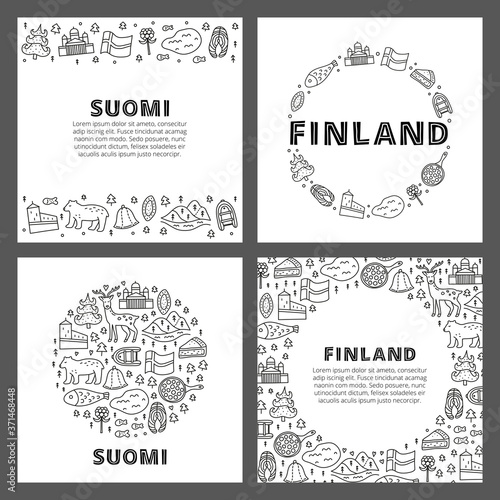 Set of cards with lettering and doodle outline finland icons including Helsinki Cathedral  deer  lake  cloudberry  Olaf s castle  pastry  meatballs  fish  bear  flag  etc isolated on white background.