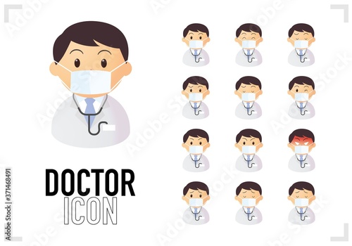 Set of bust-up icon of male doctor