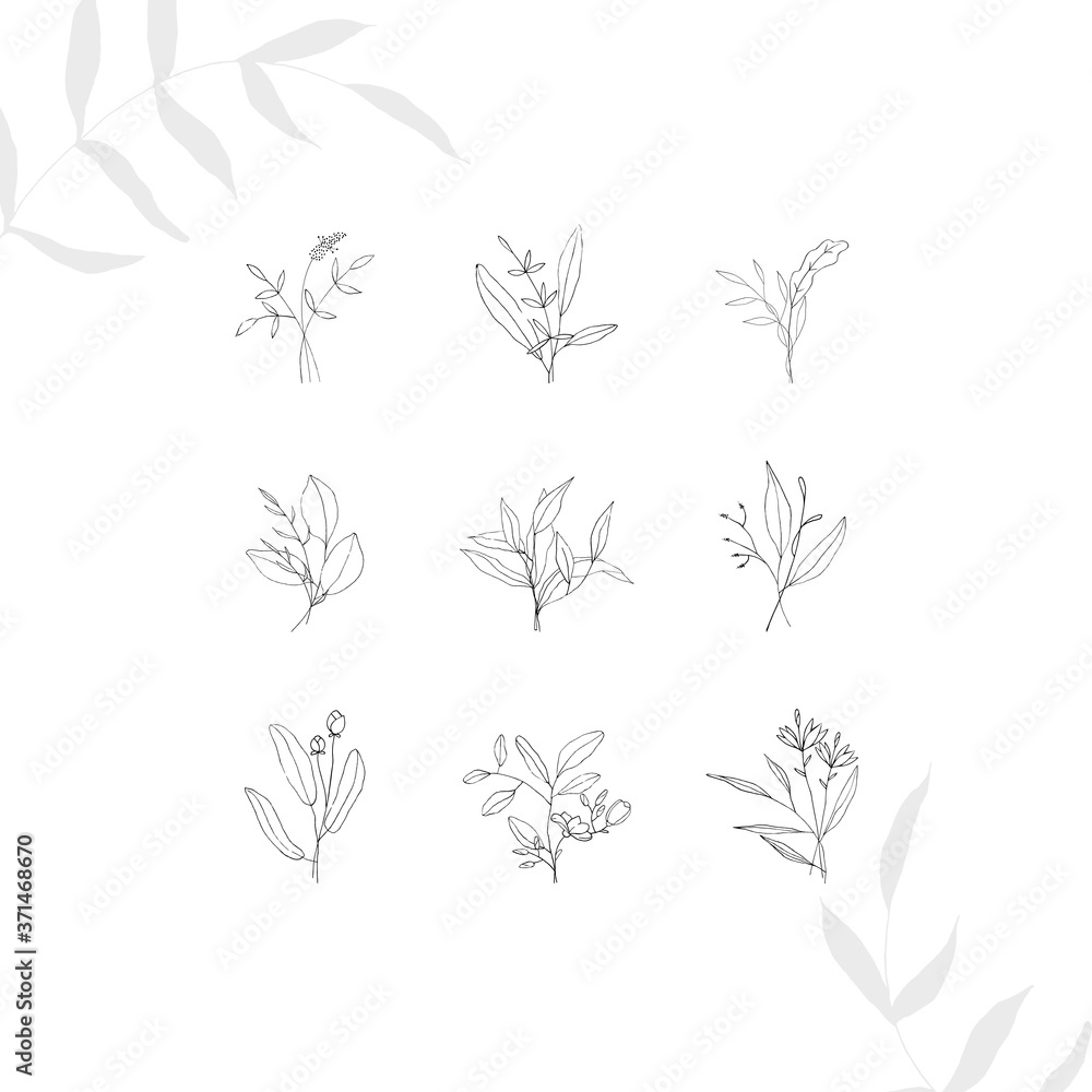 Fototapeta Boho logo. Tiny tattoo floral design set in doodle style isolated black contour hand drawign on white background.