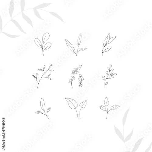 Boho logo. Tiny tattoo floral design set in doodle style isolated black contour hand drawign on white background. Botanical vector decoration print outline sketch illustration.