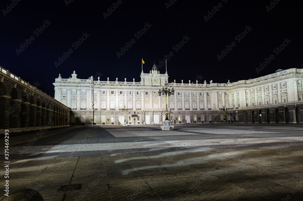 Night Madrid. Armory Square (Plaza de la armería) in front of the royal palace. Madrid