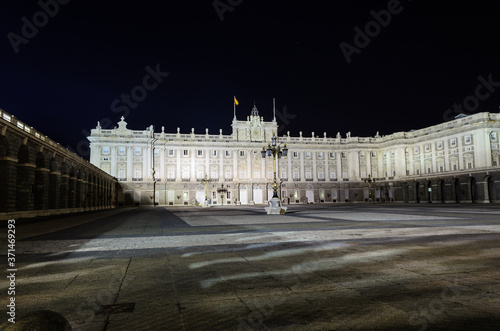 Night Madrid. Armory Square (Plaza de la armería) in front of the royal palace. Madrid