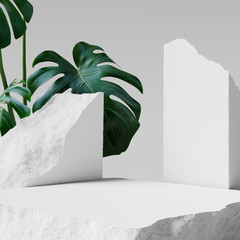 Green leaves and stone slabs product display, white podium and platforms, 3d rendering.