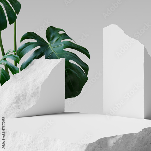 Stampa su tela Green leaves and stone slabs product display, white podium and platforms, 3d rendering