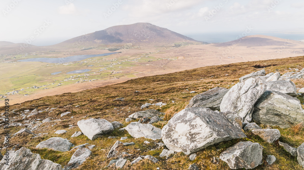 Panoramic dramatic view to rocky lansape from high hills of achill island in Ireland.