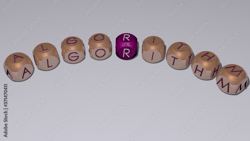 ALGORITHM curved text of cubic dice letters - 3D illustration for background and concept ALGORITHM curved text of cubic dice letters - 3D illustration for background and concept