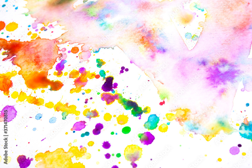 Watercolour Multicolour Rainbow Paint Vibrant Splatters and Drips on a White Background